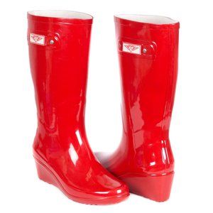 Women's Red Wedge Rubber Rain Boots, Garden Wellie